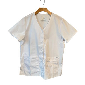 ADAR Universal Smock Scrub Top Unisex Size M White Snap Front Short Sleeve NWT